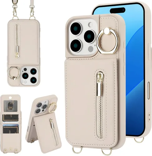 Funda tipo cartera cruzada para iPhone 13 Pro con correa de cordón, soporte para ranuras de tarjetas, bloqueo RFID, anillo soporte con patilla, Beige