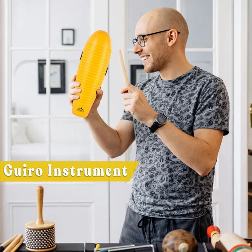 Miniatura 7 de EASTROCK Instrumento Guiro de 3.9 x 13 pulgadas, instrumento de percusión latina en forma de pez con 2 raspadores, instrumento de guiro amarillo