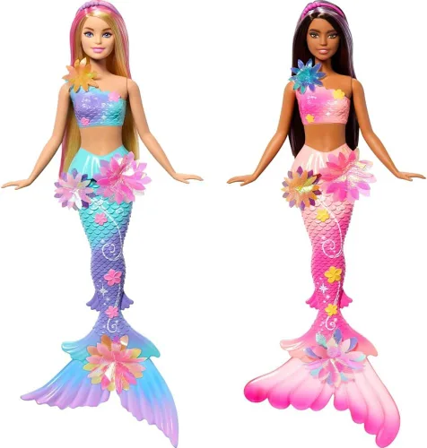 Miniatura 7 de Muñecas de juguete de sirena Barbie con función sorpresa de flores mágicas en flor, colas ombre, accesorio diadema de perlas y pelo largo rubio