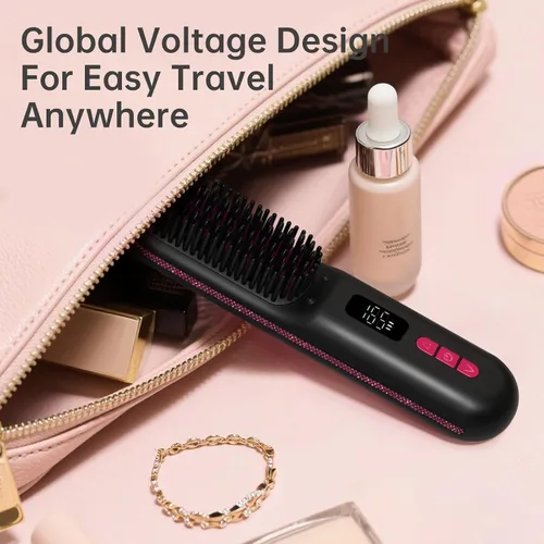 Miniatura 7 de Cepillo alisador de cabello, mini cepillo alisador inalámbrico portátil para viajes, iones negativos con peine caliente con 9 temperaturas