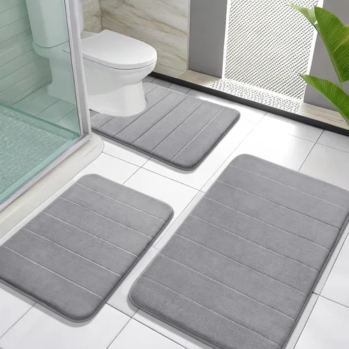 Miniatura 18 de Yimobra Juego de 3 tapetes de baño de espuma viscoelástica con alfombra de inodoro en forma de U, antideslizantes, súper suaves, absorbentes, de Gris