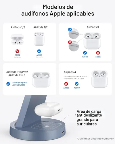 Miniatura 5 de Estación de carga 3 en 1 para iPhone, cargador inalámbrico para iPhone 17 16e 16 15 14 13 12 11 X Pro Max y Apple Watch - Soporte de carga para Azul