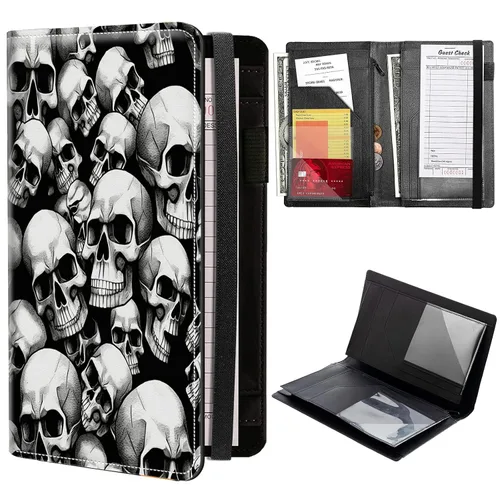 Libros de calaveras para camarera, de piel sintética, con cierre de vendaje elástico, organizador con bolsillo con cremallera, 11 bolsillos para
