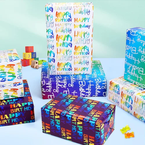 Miniatura 5 de BWLOIES Papel de Regalo de Cumpleaños Hojas de Papel de Regalo de Cumpleaños Hradient Multicolor Feliz Cumpleaños Juego de Papel Incluye Papel