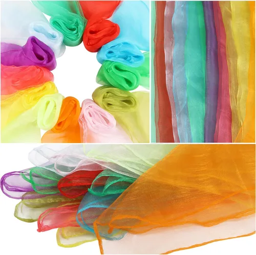 Miniatura 4 de KIMOBER 12 bufandas cuadradas de baile, 12 colores malabares de seda, trucos de magia de música, accesorios para niños pequeños (24 x 24 pulgadas)