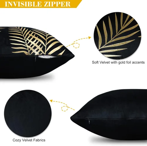 Miniatura 3 de OTOSTAR Paquete de 4 fundas de almohada de terciopelo suave con hojas doradas, fundas de almohada decorativas modernas, fundas de almohada B-black