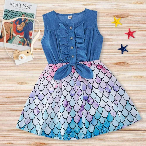 Miniatura 2 de Enlifety - Vestidos de princesas para niñas pequeñas sin mangas blusa de mezclilla y faldas de tutú con estampado floral vestido de verano de una