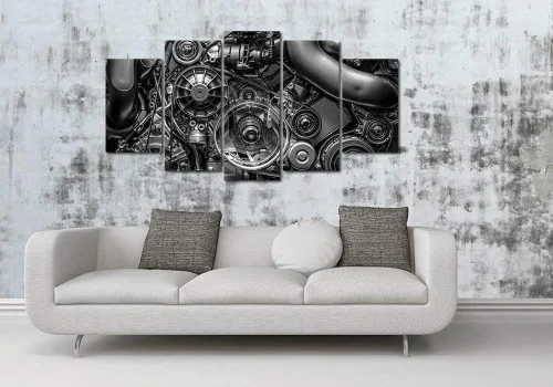 Miniatura 2 de VVOVV Wall Decor - Impresiones en lienzo de 5 piezas de equipo de ingeniería de motor y cadena, fotos en blanco y negro, arte de pared, decoración