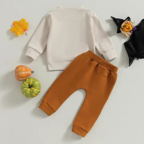 Miniatura 75 de Adobabirl Conjunto de sudadera y pantalones de Halloween para bebé, sudadera y pantalones con parche de calabaza para Halloween, otoño, ropa de bebé