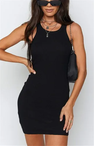 Miniatura 2 de Samefar - Vestido corto básico y ajustado, para mujer, diseño con cuello redondo, acanalado, sin mangas