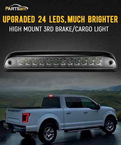 Miniatura 2 de Partsam Luz de freno trasera alta de montaje tercera con 12 LED rojos/blancos, lente ahumado, carcasa cromada, lámpara de carga impermeable