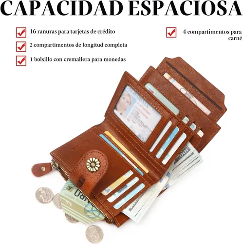 Miniatura 3 de Billetera para mujeres, billetera de cuero plegable de dos pliegues para mujeres con bloqueo RFID, compacta, tarjetero pequeño con ventana