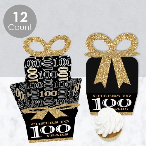 Miniatura 3 de Big Dot of Happiness Cajas de regalo para fiesta de cumpleaños número 100, elegante diseño cuadrado dorado con lazo 3D, suministros de fiesta