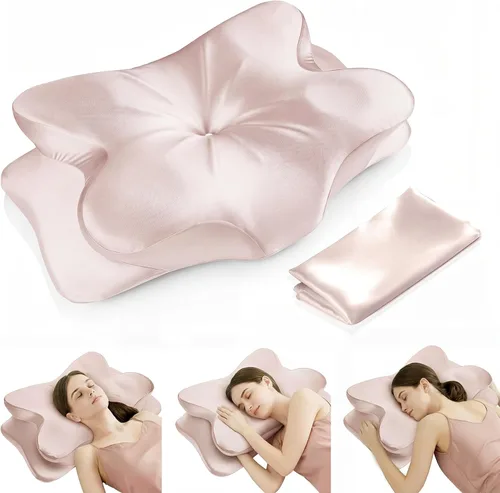 Miniatura 8 de Almohada cervical para el cuello para aliviar el dolor de cuello, almohada ergonómica de contorno de espuma viscoelástica con funda de tela de satén