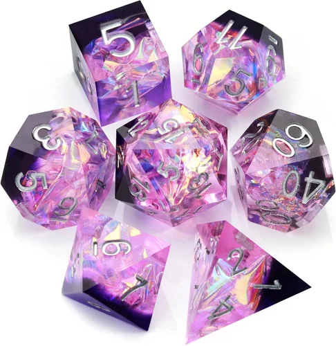 Miniatura 25 de Haxtec Juego de dados brillantes de borde afilado, dados DND de resina hechos a mano con inclusión de Mylar iridiscente, mezcla de color morado Azul