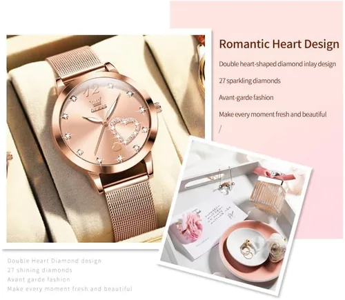 Miniatura 6 de OLEVS Relojes para mujer, correa de malla de oro rosa, vestido de moda, cuarzo japonés, impermeable, luminoso, para mujer, conjunto de pulseras