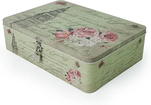 Caja de almacenamiento de metal de estaño Luwint - Caja decorativa vintage con papel de letras, galletas, con candado y llave, estuche secreto, Torre
