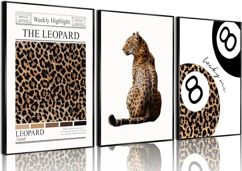 Miniatura 11 de Conjunto de 3 modernos pósteres de pared de leopardo en lona con bola de la suerte número 8, arte de pared elegante, decoraciones de pared