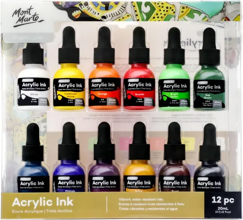 Mont Marte Tinta Acrílica Premium 12 piezas x 20 ml (0,7 fl.oz. EE.UU.), Tintas acrílicas para artistas, colores esenciales, ideal para aerógrafo,