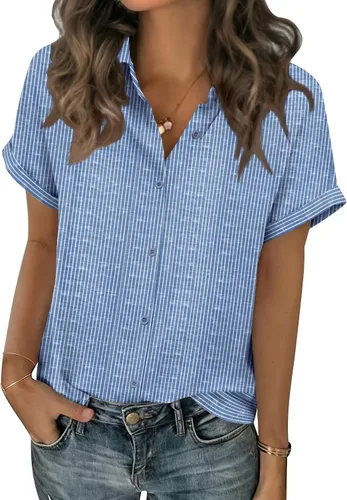 Miniatura 24 de Zeagoo Blusas de verano de manga corta para mujer, camisas casuales con botones, blusas de trabajo de negocios sólidas/a rayas