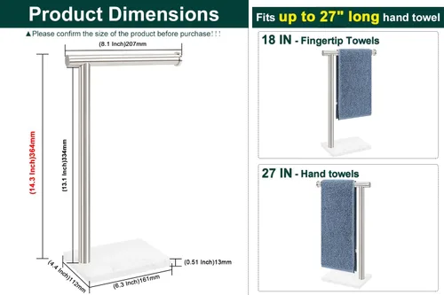 Miniatura 2 de Toallero de Mano, Soporte de Toalla de Mano para Baño con Base de Mármol, Barra de Toallero de Mano en Forma de L de Acero Inoxidable 304