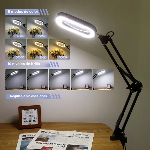 Miniatura 2 de Drdefi Lupa cuadrada de 10X con luz y soporte, lupa de cristal real iluminada con LED, 5 modos de color regulable continuo, lámpara de escritorio