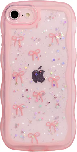 Miniatura 27 de Qokey Funda para iPhone 12 Pro Max de 6.7 pulgadas, diseño de onda rizada, borde transparente, brillante con purpurina, estrella brillante, bonita