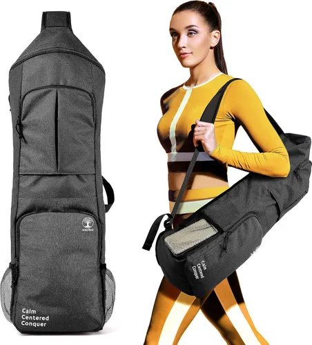 Bolsa de transporte para esterilla de yoga WARRIOR2 - Bolsillos grandes y portabotellas de agua. Mochila de yoga para esterillas de 1.27 cm de Negro