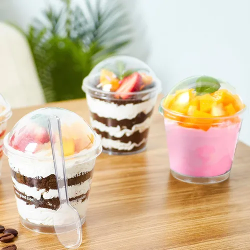 Miniatura 7 de Paquete de 360 tazas de postre de 5 onzas y 6 onzas con tapas y cucharas, 3 estilos de vasos de plástico transparente para aperitivos, desechables