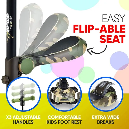 Miniatura 5 de Hurtle Patinete de 3 ruedas para niños, luces LED de ruedas, manubrio ajustable de inclinación para dirigir y asiento plegable, paseo sentado