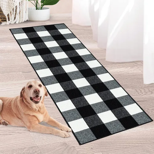 Miniatura 3 de FONEYI - Alfombra de búfalo a cuadros, alfombras de cuadros negros y blancos de 20 x 59 pulgadas, alfombras antideslizantes de interior o exterior