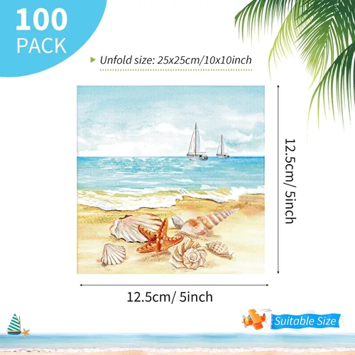 Miniatura 2 de 100 servilletas náuticas para invitados de playa de verano, 3 capas, desechables, de papel, toallas de invitados de playa, servilletas de cena