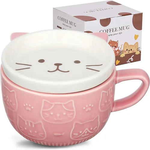 Miniatura 10 de Linda Taza de Cerámica para Gatos con Tapa, Tazas de Café Kawaii o Tazas de Té para Amantes de los Gatos, Tazas Divertidas de Novedad