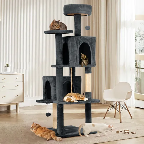 Miniatura 6 de Torre de 58.5 pulgadas para gatos de interior, casa de gato de felpa suave de varios niveles con 1 cueva giratoria de 360°, poste rascador, más Gris