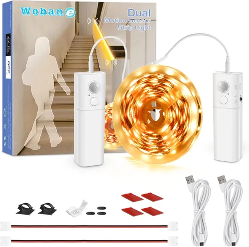 Miniatura 8 de WOBANE Tira de luz LED activada por doble movimiento, tira de luz recargable de 16.4 pies, luz de cinta alimentada por batería para debajo