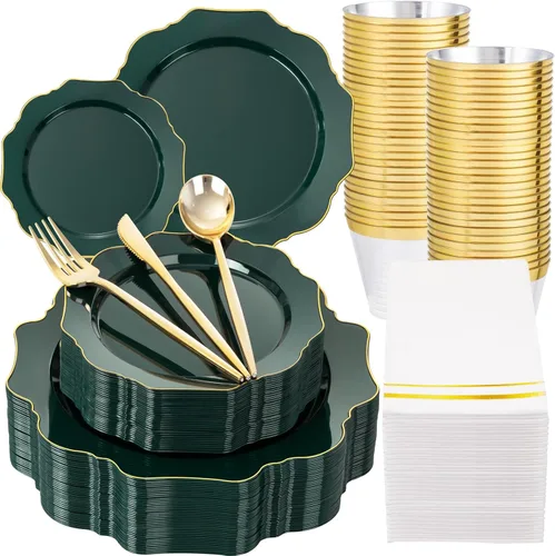 Miniatura 17 de WDF 175 piezas de platos de Navidad de plástico desechables - 25 platos verdes, 25 platos rojos con campanas doradas, 75 cubiertos de plástico Bell