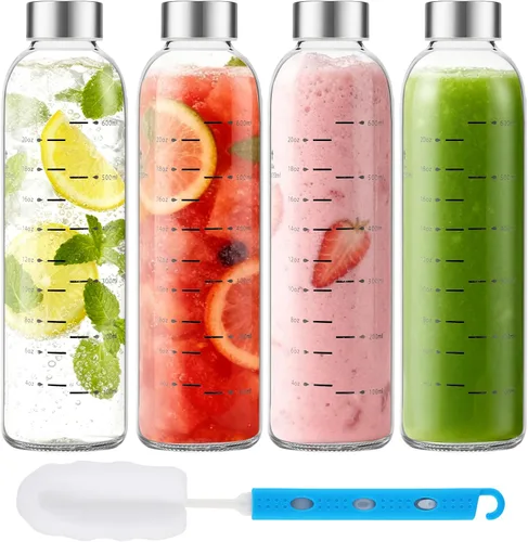 Miniatura 13 de Botellas de vidrio para jugo con tapas, botellas de agua de vidrio reutilizables de 25 onzas con tapas de acero inoxidable, paquete de 6, sin BPA, a