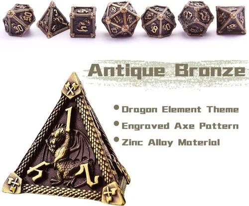 Miniatura 3 de AUSTOR Juego de dados de metal DND de 7 troqueles, juego de dados poliédricos de Calabozos y Dragones con caja D20 D12 D10 D% D8 D6 D4 para Bronce