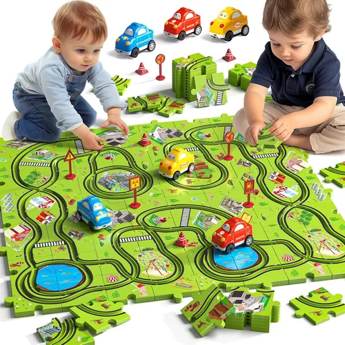 JUKUDAHU Juego de 64 Piezas de Pista de Carreras de Rompecabezas con Coches de Juguete para Niños de 3 4 5 6 Años - Pistas de Rompecabezas con