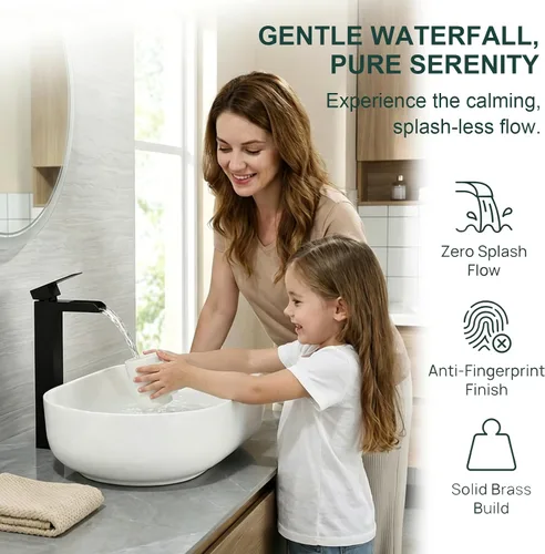Miniatura 2 de Grifo de baño de cascada alto negro, grifo de fregadero Hanlde con boquilla de cascada, grifos de baño para 1 agujero, grifo mezclador de tocador