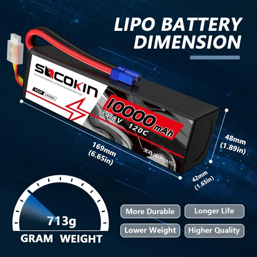 Miniatura 4 de 4S LiPo Batería 14.8V 10000mAh 120C 4S Lipo Baterías con conector EC5 Estuche suave para Arrma Axial Losi 1/5 1/6 1/7 Escala RC Coche Camión Barco
