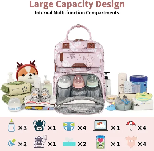 Miniatura 3 de Mochila para pañales para bebé niña, bolsa de pañales impermeable multifunción para mamá y papá, bolsas de pañales grandes rosas florales para bebé