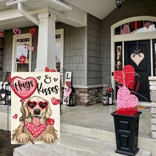 Miniatura 3 de AVOIN colorlife Bandera de jardín de perro para el día de San Valentín, 12 x 18 pulgadas, Golden Retriever Hugs Kisses de doble cara, aniversario