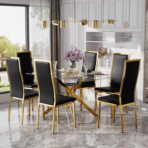 Miniatura 20 de Juego de mesa de comedor de cristal dorado moderno de 63 pulgadas para 6, juego de mesa de cocina rectangular de 7 piezas con patas de acero Negro