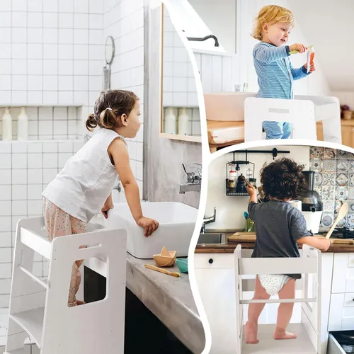 Miniatura 4 de Taburete de cocina WOOD CITY, taburete de cocina para niños pequeños con baranda de seguridad, altura ajustable, torre de aprendizaje para niños