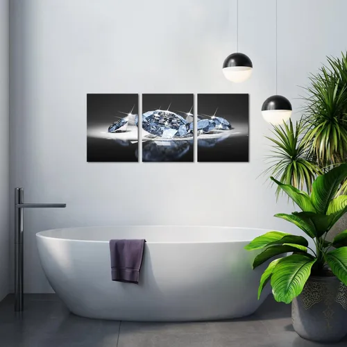 Miniatura 3 de Biuteawal Arte de pared blanco y negro de 3 paneles, diamantes de lujo sobre fondo negro, impresión sobre lienzo, pintura de moda, decoración