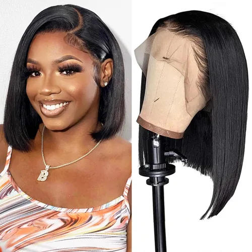 Miniatura 21 de Peluca de cabello humano lacio marrón con reflejos de 13 x 4, peluca frontal de encaje transparente #4, peluca corta Bob para mujeres negras