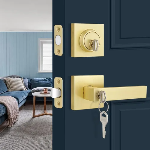 Miniatura 20 de EHOMEWARE 8 paquetes de manijas de puerta interior sin llave en acabado de latón satinado, manija de puerta de armario, palanca de puerta de paso