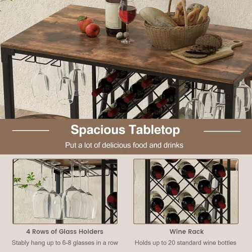 Miniatura 4 de COSTWAY Juego de comedor de 5 piezas de altura de barra, mesa y taburetes para 4 personas con estantes para vino y soportes para vidrio, juego