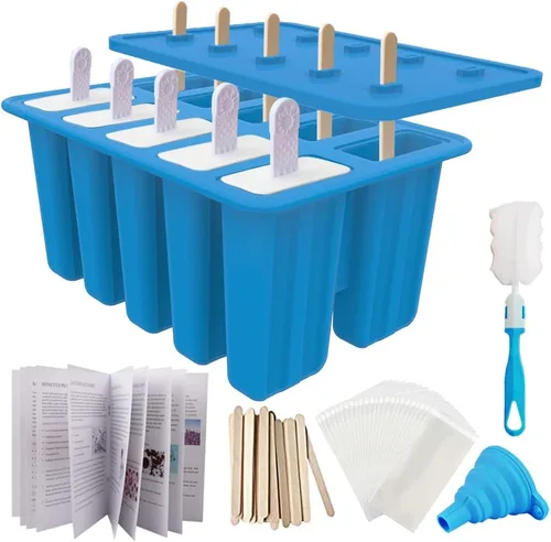 Miniatura 11 de Miaowoof Moldes caseros para paletas de hielo, fabricante de paletas de hielo de silicona de 10 cavidades sin BPA, con 50 palitos, 50 bolsas, 10 Rojo